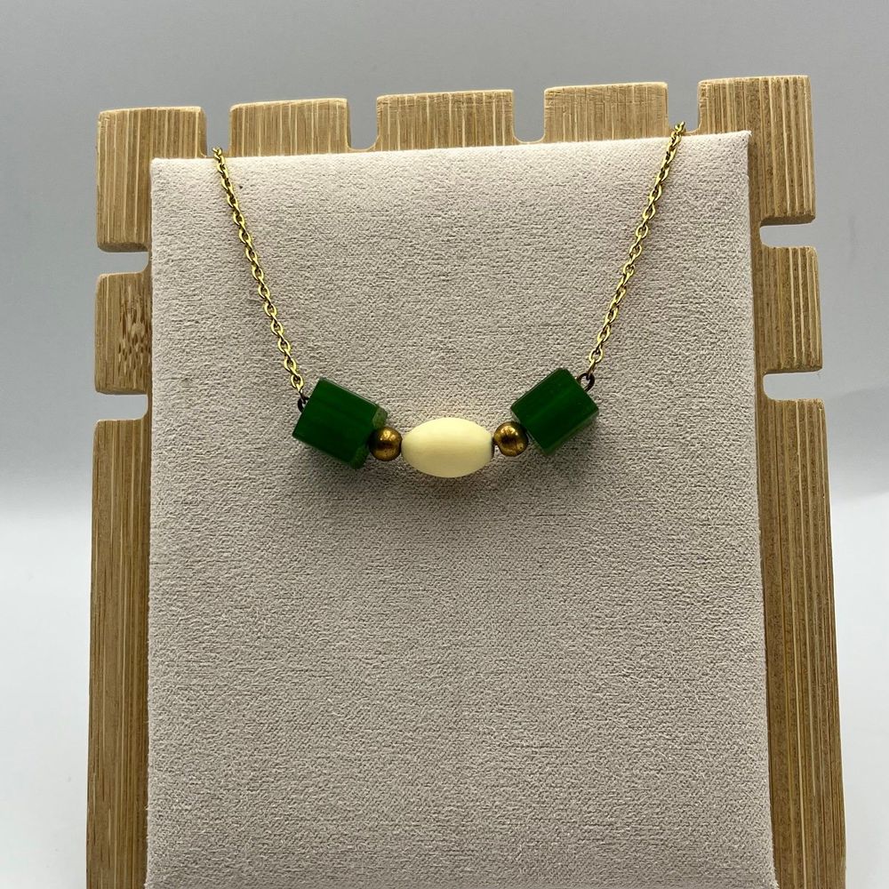 Vintage green glass and bone unique simple necklace